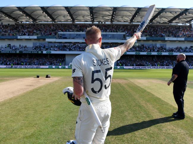 LEEDS, ENGLAND - AUGUST 25: Ben Stokes of England celebrates after hitting the winning runs to win the 3rd Specsavers Ashes Test match between England and Australia at Headingley on August 25, 2019 in Leeds, England. (Photo by Gareth Copley/Getty Images)