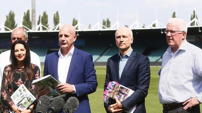 L-R Sports Minister Jane Howlett, Jim Wilkinson, Premier Peter Gutwein, Brett Godfrey, Errol Stewart at the recent AFL taskforce announcement. Picture: PATRICK GEE