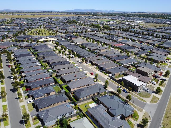 Backyards are shrinking! The Karabatak family of  Craigieburn and their small backyard. Aerial view of Craigieburn houses. Picture: Alex Coppel.