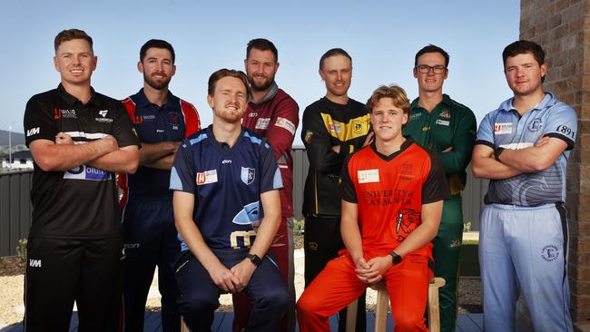 Seated L-R Caedence Kuepper South Hobart Sandy Bay and Louis Smith University. Back L-R Josh Hartill Glenorchy, Aiden Bariol North Hobart, Steve Wild Clarence, Dylan Hay Kingborough, Joe Randall New Town, Tom McGann Lindisfarne. CTPL cricket season launch. Picture: Nikki Davis-Jones