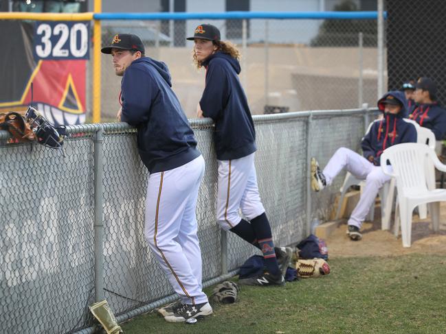 Relief pitchers, including teenage debutant Thomas Fitzgerald, in the Adelaide Bite bullpen. Picture: Dean Martin/AAP