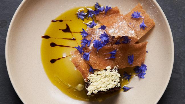 Chocolate, bread ice cream, aged vinegar, olive oil at Gather at Coriole in McLaren Vale. Picture: Matt Loxton