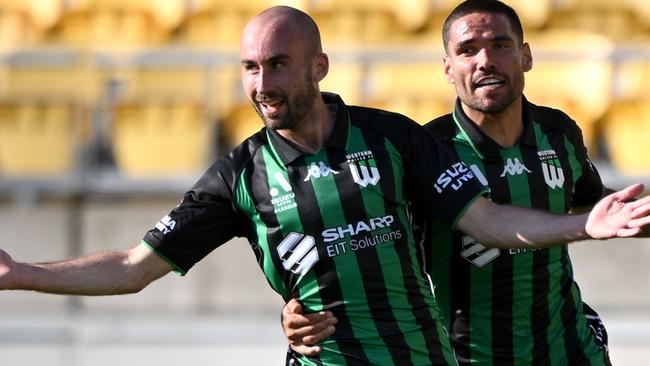 WELLINGTON, NEW ZEALAND - OCTOBER 20: Angus Thurgate of Western United celebrates after scoring a goal during the round one A-League Men match between Wellington Phoenix and Western United at Sky Stadium, on October 20, 2024, in Wellington, New Zealand. (Photo by Hannah Peters/Getty Images)