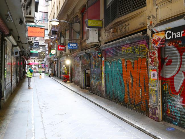 A deserted Delgraves Street in the Melbourne CBD. Picture: NCA NewsWire / David Crosling