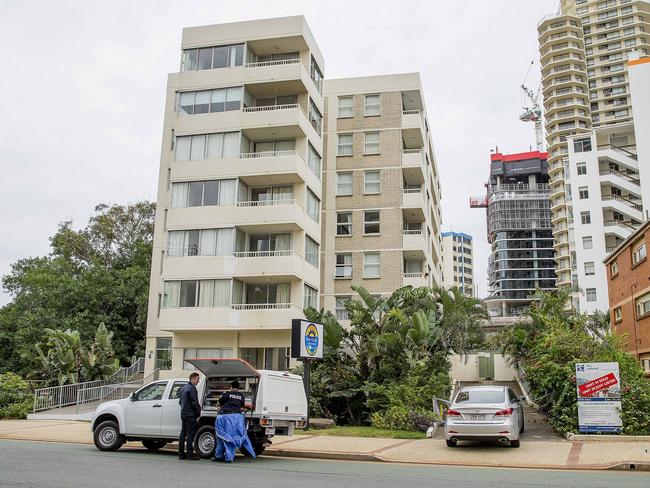 Police at the scene of Cian English’s death in Surfers Paradise at View Pacific Apartments. Picture: Jerad Williams