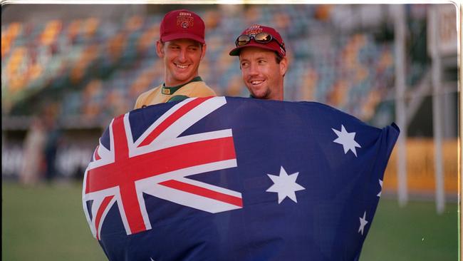 BSHS old boys Michael Kasprowicz and Stuart Law celebrate their Australian selection. Picture Anthony Weate.