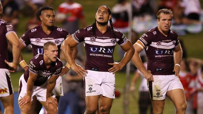 WOLLONGONG, AUSTRALIA – MARCH 26: Martin Taupau and Jake Trbojevic of the Seas Eagles looks dejected after a Dragons try during the round three NRL match between the St George Illawarra Dragons and the Manly Warringah Sea Eagles at WIN Stadium on March 26, 2021, in Wollongong, Australia. (Photo by Mark Kolbe/Getty Images)