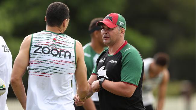 Coach Anthony Seibold talks with Kyle Turner during South Sydney NRL training at Alan Davidson Oval, Alexandria. Picture: Brett Costello