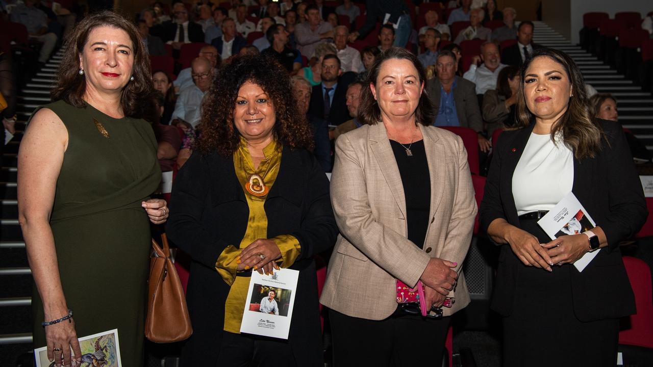 Senator Susan McDonald, Senator Malarndirri McCarthy, Minister for Resources of Australia Madeleine King and Senator Jacinta Nampijinpa Price as Hundreds paid tribute to respected agriculture industry leader Luke Bowen at a state funeral in Darwin on Tuesday, 17 September 2024. Picture: Pema Tamang Pakhrin