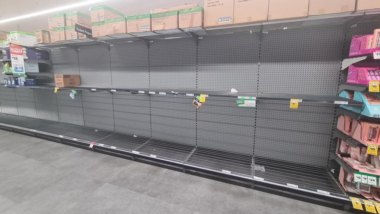 Shelves at supermarkets around Australia were stripped bare of the bathroom necessity. Picture: Lucy Rutherford