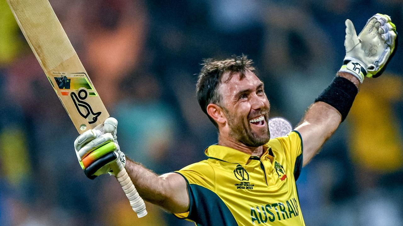 Australia's Glenn Maxwell celebrates after hitting 201 not out to help Australia to a miracle win against Afghanistan in the Cricket World Cup. Picture: Indranil Mukherjee / AFP