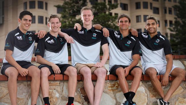 Port Adelaide's 2017 draftees Joel Garner, Kane Farrell, Sam Hayes, Jake Patmore and Dom Barry. Picture: Dean Martin/AAP