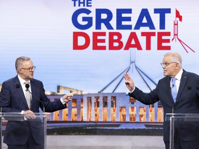 Anthony Albanese and Scott Morrison during the second leaders' debate on Sunday night. Photo: Alex Ellinghausen