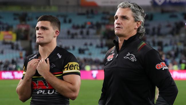 Nathan Cleary and his dad and Panthers coach Ivan Cleary. Picture: Cameron Spencer/Getty Images