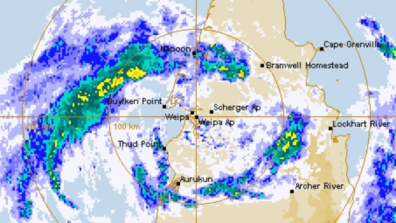 Radar image of Cyclone Penny as it makes landfall near Weipa. SOURCE: Bureau of Meteorology