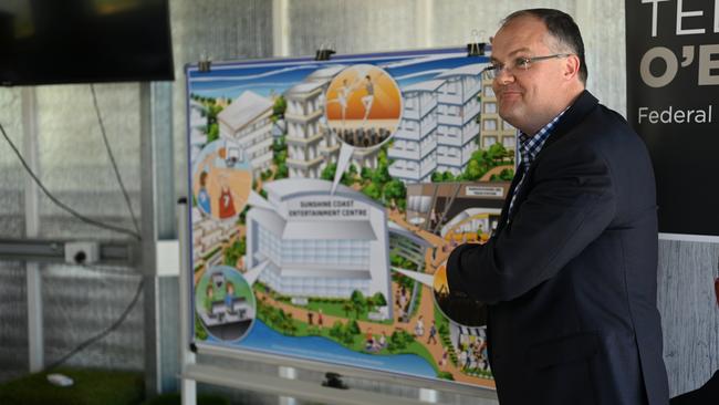 Fairfax MP Ted O'Brien with the vision for an entertainment centre in the Maroochydore CBD.