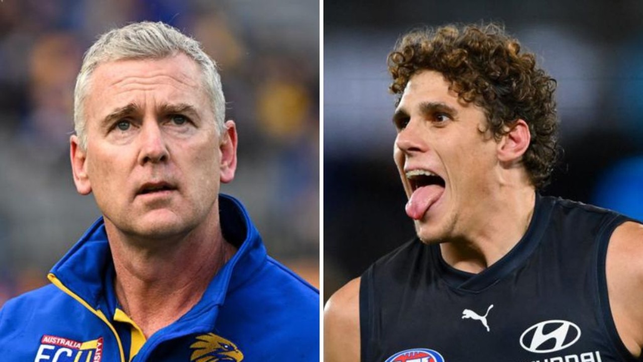 Adam Simpson (left) is under increasing pressure, while Charlie Curnow (right) had a 10-goal day for the Blues. Photos: Getty Images