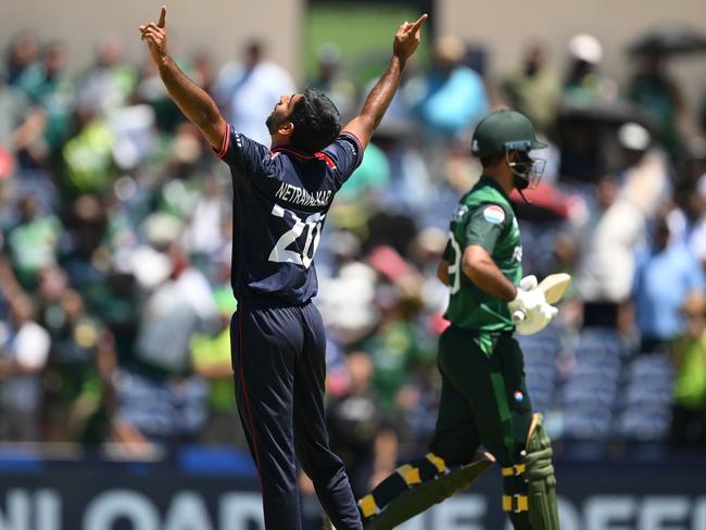 USA’s Saurabh Netravalkar celebrates the winning moment. Picture: Matt Roberts-ICC/ICC via Getty Images