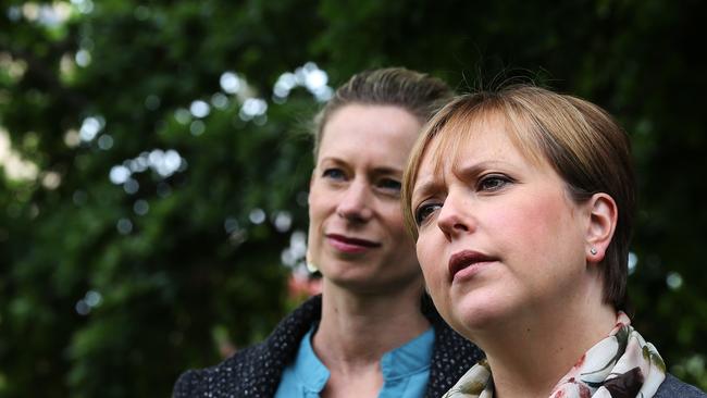 Former Tasmanian Premier Lara Giddings and Tasmanian Labor leader Rebecca White on the Parliament lawns at Hobart in 2017. PICTURE CHRIS KIDD