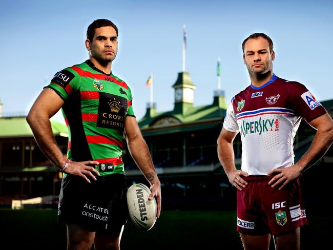 South Sydney Rabbitoh's Greg Inglis and Manly Sea Eagle's Brett Stewart at the Sydney Cricket Ground ahead of their top of the table clash on Friday night .Picture Gregg Porteous