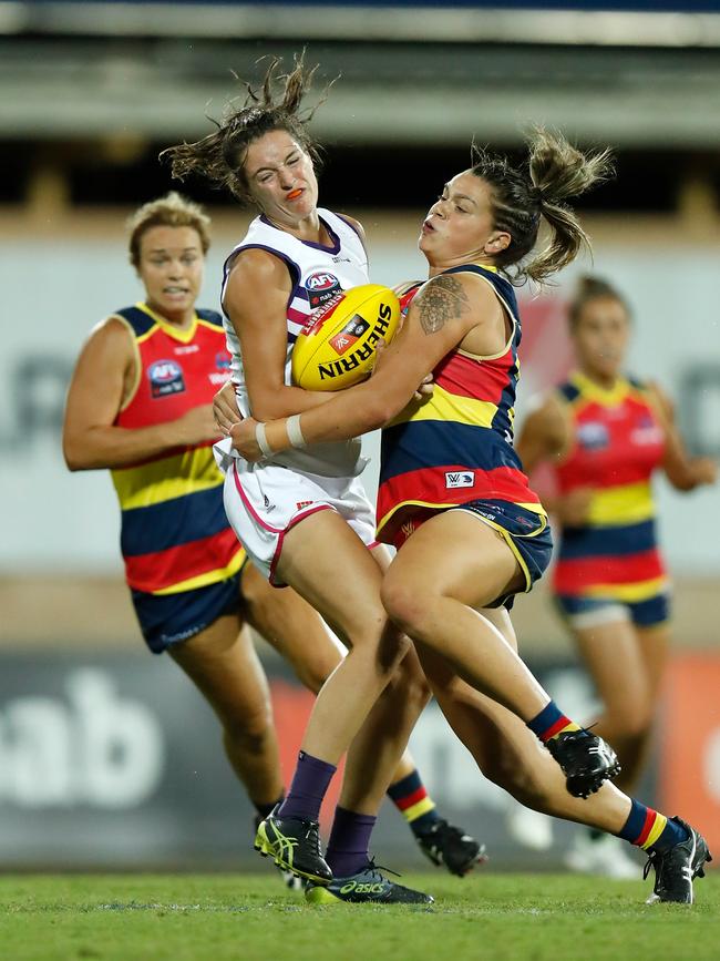 Philipa Seth of the Dockers is tackled by Anne Hatchard of the Crows during the 2019 NAB AFLW Round 04 match between the Adelaide Crows and the Fremantle Dockers at TIO Stadium on February 23, 2019 in Darwin, Australia. (Photo by Michael Willson/AFL Media)