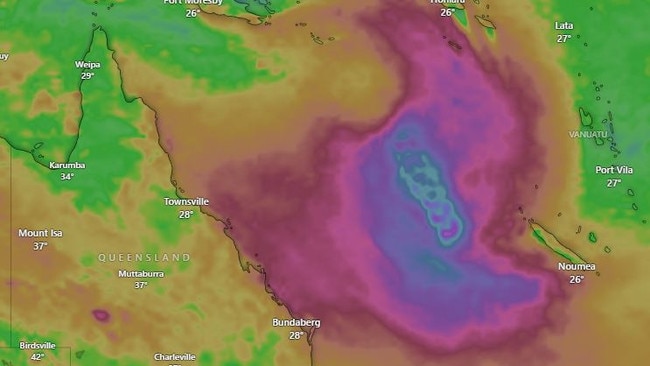 Accumulated wind gusts show the path of a potential tropical low that could develop into a cyclone off the Queensland coast. Picture: Windy