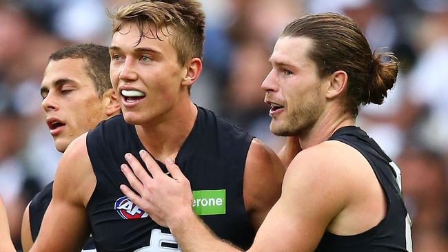 Bryce Gibbs with Patrick Cripps during his days at the Blues. Picture: Getty Images