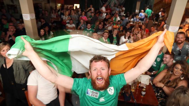 Darren Gold celebrates the Connor McGregor-Floyd Mayweather fight at Fiddlers Green. Photo: Richard Gosling