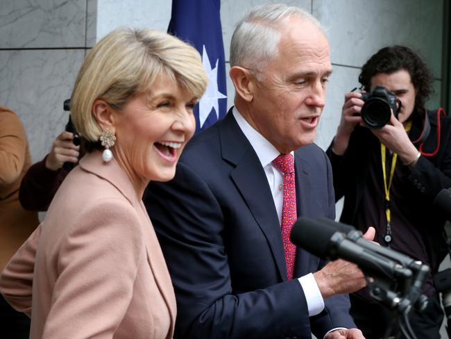 Foreign Affairs Minister and Deputy Liberal Leader Julie Bishop celebrates with the Prime Minister.