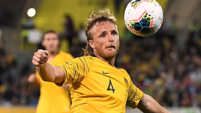 Rhyan Grant of Australia in action during the FIFA World Cup Asian Qualifiers match between the Australian Socceroos and Nepal at GIO Stadium in Canberra, Thursday, October 10, 2019. (AAP Image/James Gourley) NO ARCHIVING, EDITORIAL USE ONLY.