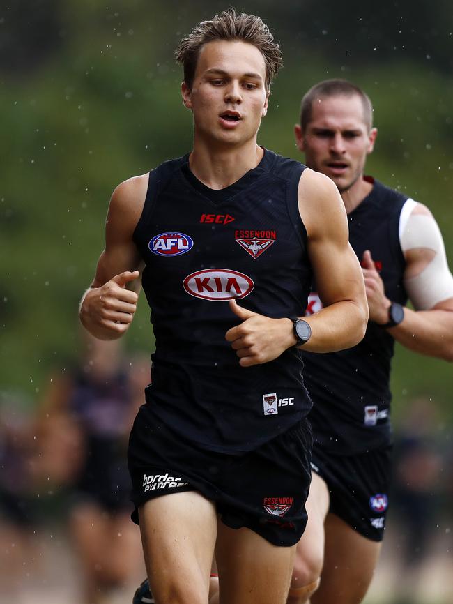 Matt Guelfi shows the way during Essendon’s preseason. Picture: Michael Klein