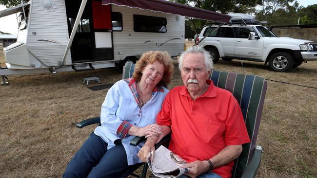 Anne and Peter Harwood with the caravan they call home. Picture: David Geraghty