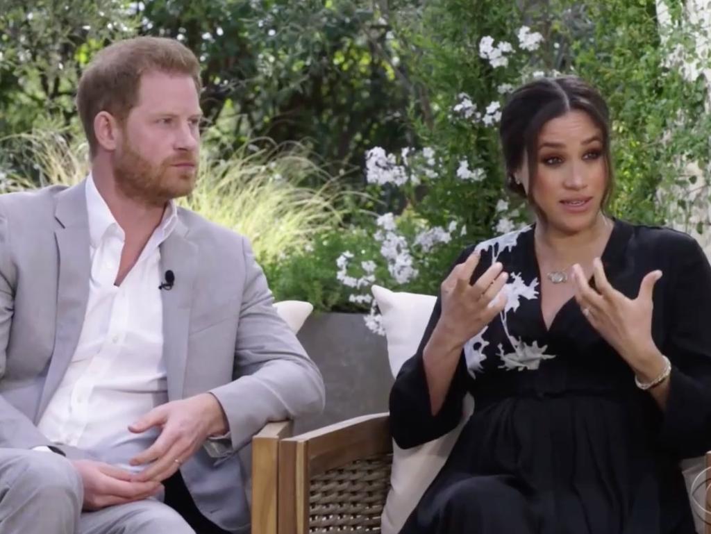 Meghan and Harry during their tell-all interview with Oprah. Picture: CBS