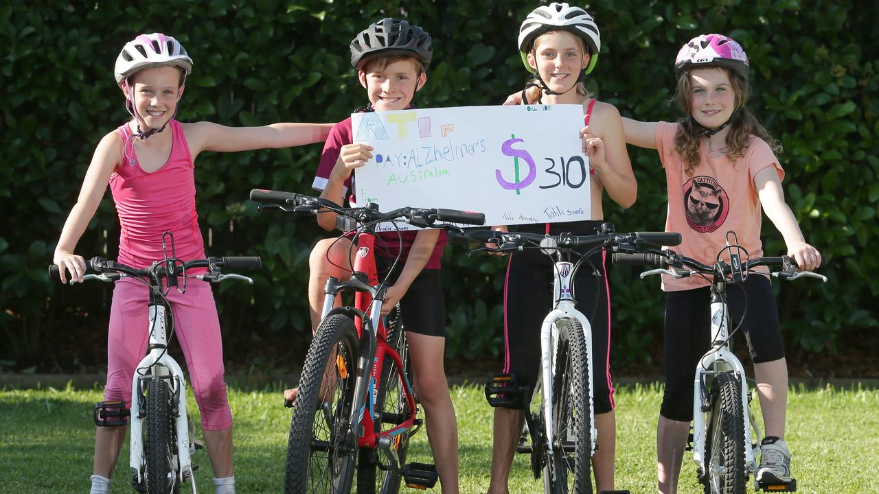 Medical research is a popular cause supported by generous Australians including Sydney kids Amelie Snape, 10, Fin Hendry, 9, Isla Hendry, 9, and Tahli Snape, 9, who raised money for Alzheimer's Australia NSW through a fundraising triathlon in 2015. Picture: Adam Ward