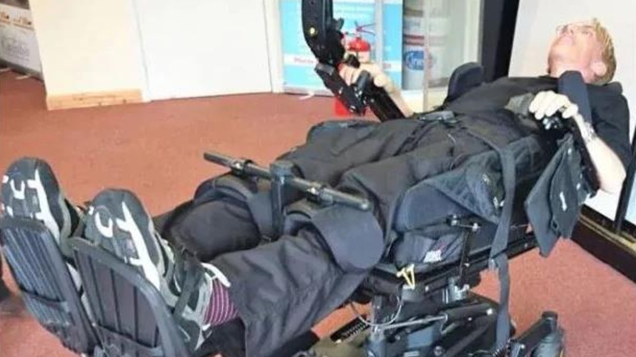 Dr Scott-Morgan’s special wheelchair allows him to stand, lie flat and go fast. Picture: Twitter