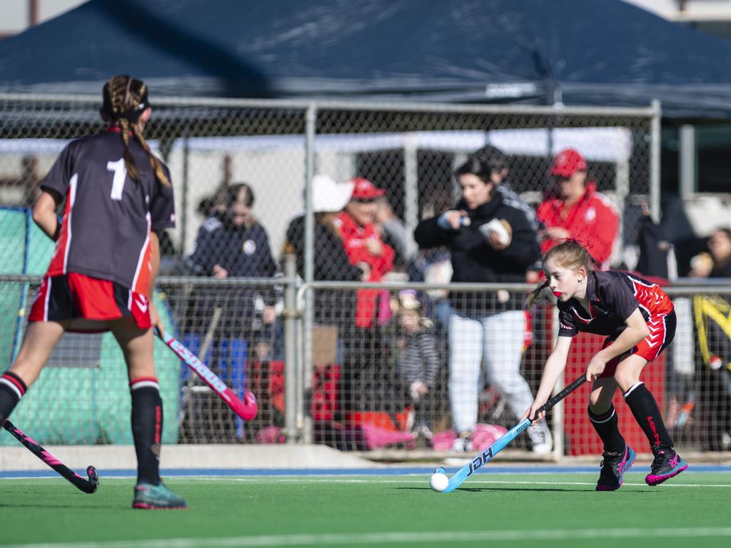 Mali Robertson of Past High against Rangeville in under-11 girls Presidents Cup hockey at Clyde Park, Saturday, May 27, 2023. Picture: Kevin Farmer