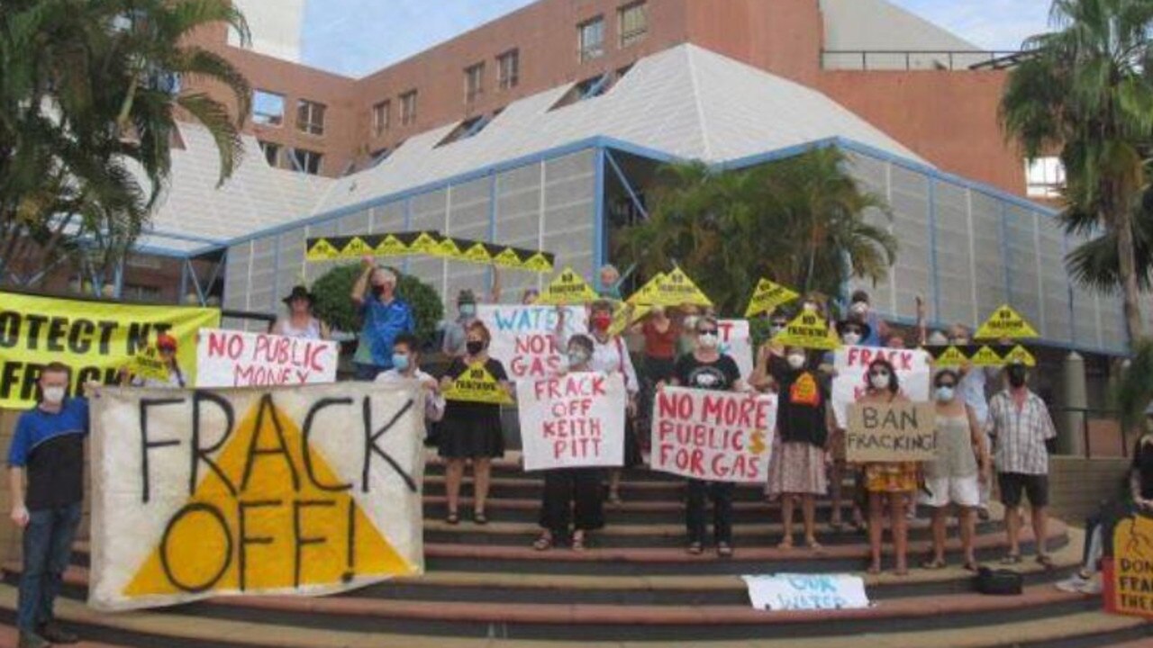 Anti-fracking protesters gathered outside the Double Tree Hilton, Darwin as Resources Minister Keith Pitt announced an exploration grant agreement giving $19.4m to Imperial Oil and Gas on Tuesday, February 22.