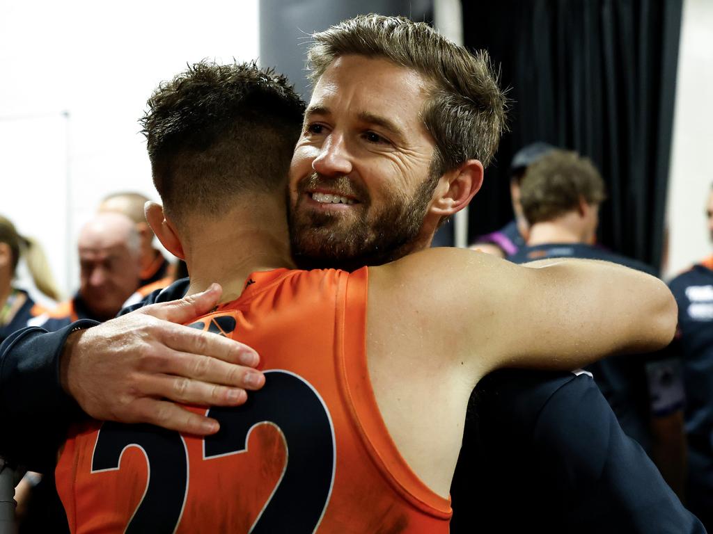 Josh Kelly hugs Ward in the rooms. Picture: Brendon Thorne/AFL Photos