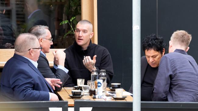 Foxtel boss Patrick Delany, Fox Sports managing director Steve Crawley, Dustin Martin, Fox Footy commentator Jack Riewoldt and Martin's manager Ralph Carr.