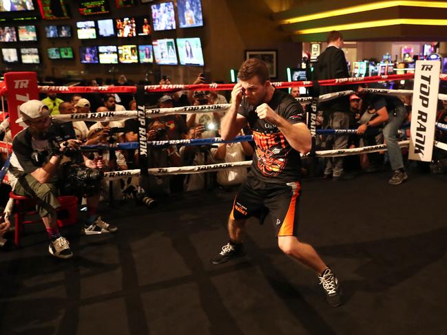 Jeff Horn working out in Las Vegas in his last public training session ahead of this weekend’s fight against Terence Crawford. Picture: Peter Wallis