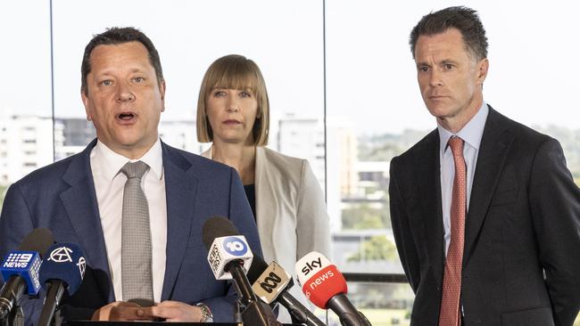 Planning Minister Paul Scully, Transport Minister Jo Haylen and Premier Chris Minns announce plans for Rosehill Gardens Racecourse. Picture: NCA NewsWire / Monique Harmer