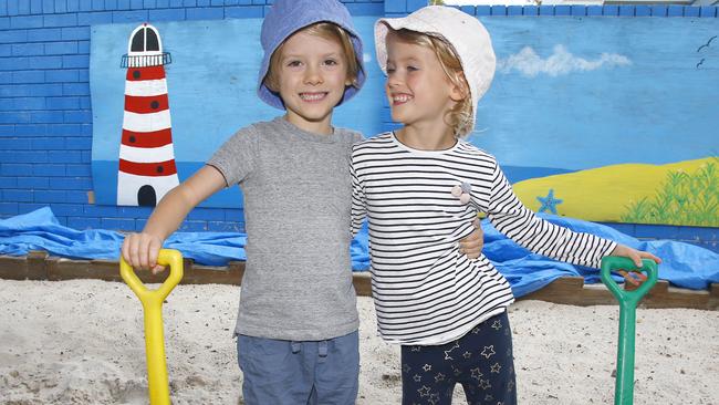 Twins Mila, right, 4, and Zach, 4, enjoying one of the three Kindylands on the Gold Coast. Picture: Tertius Pickard