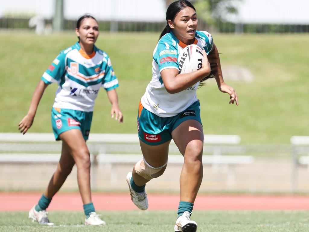 Mariah Tihopu puts on a charging run in the Queensland Rugby League (QRL) Under 19 Women's match between the Northern Pride and the Mackay Cutters, held at Barlow Park. Picture: Brendan Radke