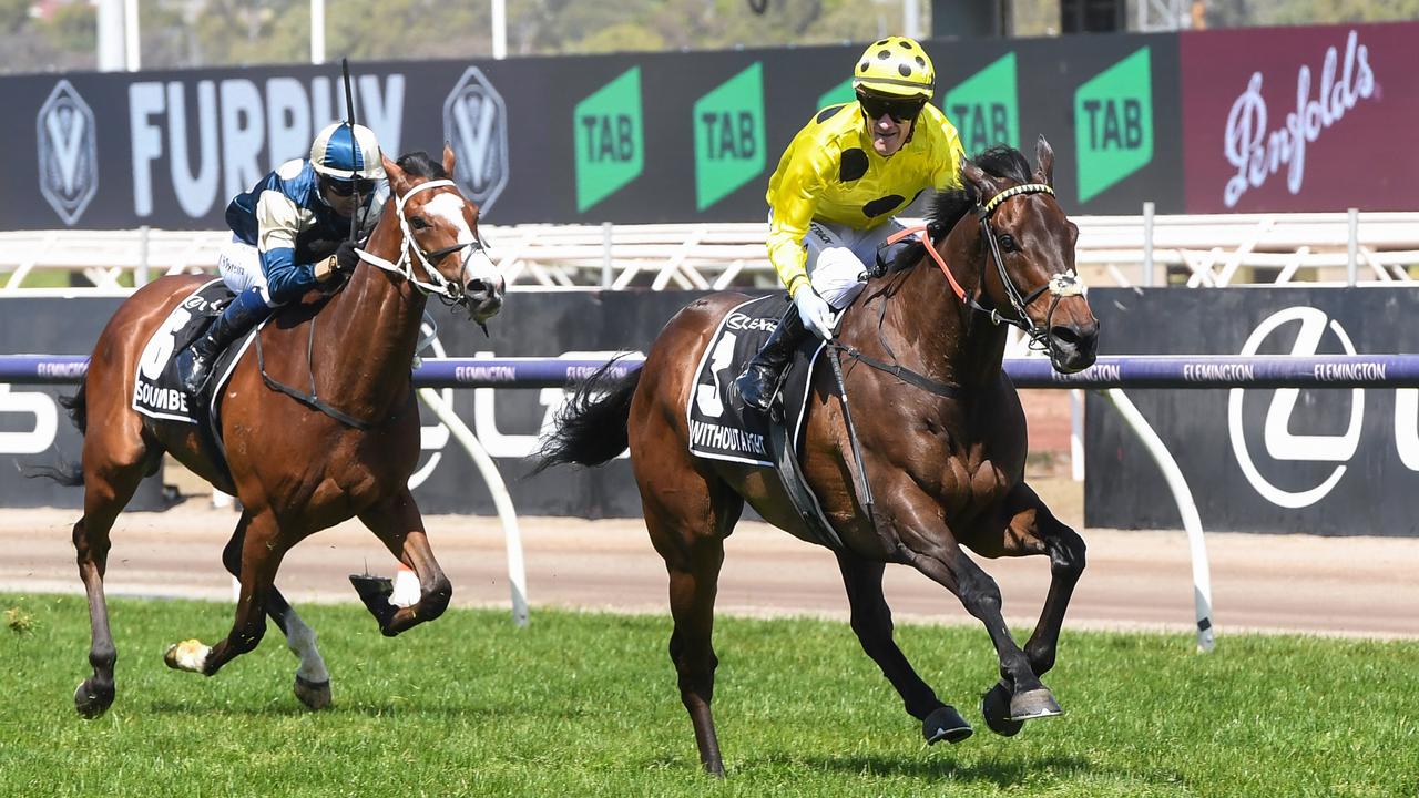 Without A Fight (IRE) ridden by Mark Zahra wins the Lexus Melbourne Cup at Flemington Racecourse on November 07, 2023 in Flemington, Australia. (Photo by Brett Holburt/Racing Photos via Getty Images)