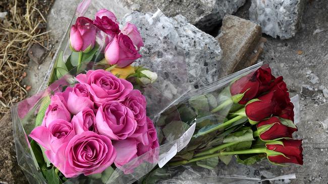 Flowers at the crash scene this morning. Picture: Nicole Garmston