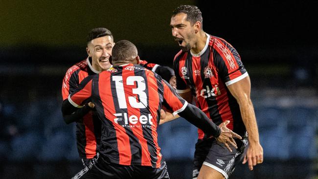 Altona Magic celebrates a goal against Heidelberg United. Picture: MP Images