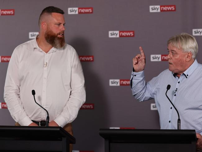 HUNTER VALLEY, AUSTRALIA - MAY 04: (L-R) Labor's Dan Repacholi and One Nation's Dale McNamara speak during the Sky News People's Forum debate on May 4, 2022 in the Hunter Valley, Australia. Labor's Dan Repacholi, The National Party's James Thomson and One Nation's Dale McNamara are participating in the debate from the New South Wales Hunter Region ahead of the federal election on 21 May 2022. (Photo by David Swift - Pool/Getty Images)