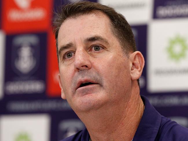 PERTH, AUSTRALIA - MAY 11:  Fremantle Dockers Head Coach Ross Lyon addresses the media at the Fremantle Dockers Training and Administration Facility on May 11, 2018 in Perth, Australia. The club has faced continued questions about the way it handled a complaint alleging sexual harrassment.  (Photo by Paul Kane/Getty Images)