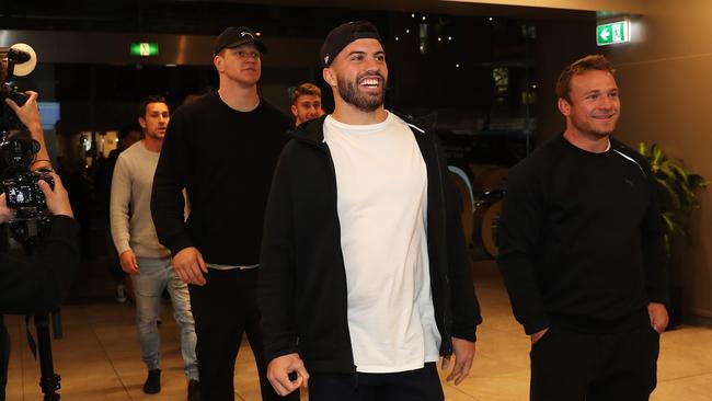 James Tedesco and Jake Friend arrive for the meeting. Picture: Brett Costello