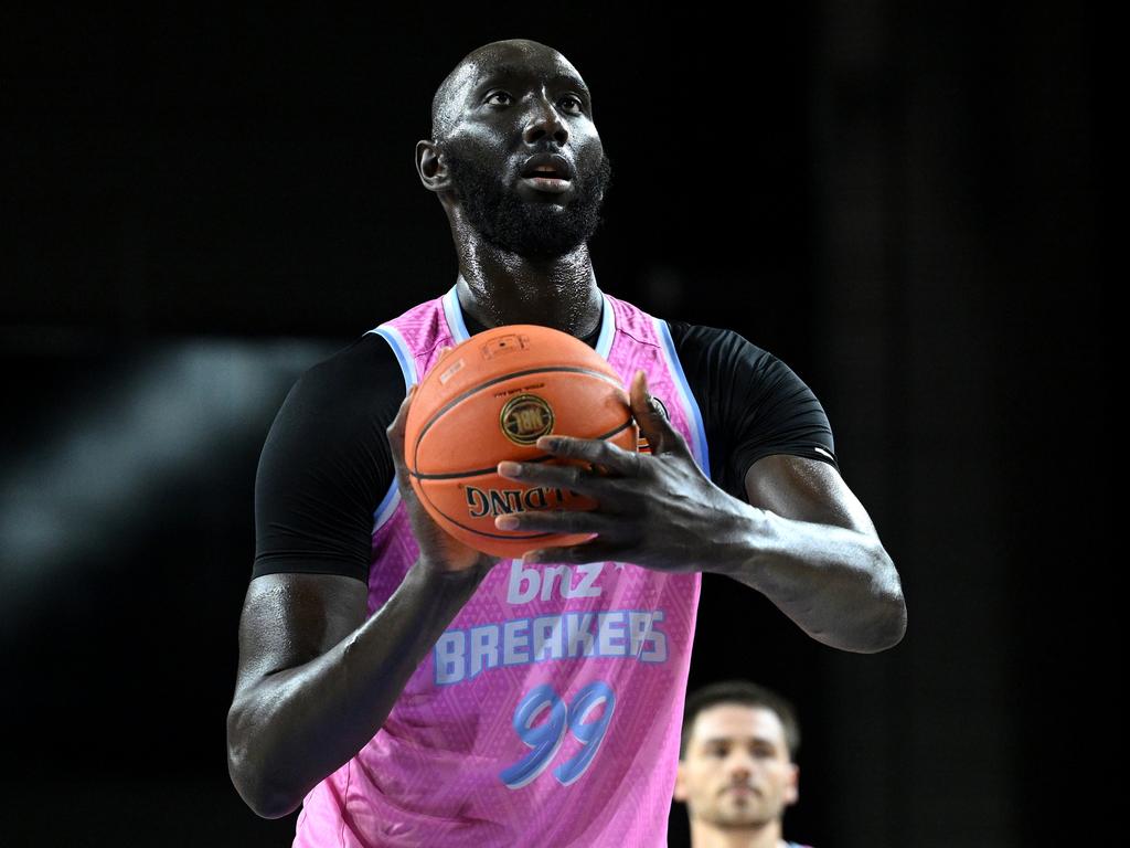 Tacko Fall of the Breakers shoots during the round 18 NBL match between New Zealand Breakers and Brisbane Bullets at Wolfbrook Arena. Photo: Joe Allison/Getty Images.